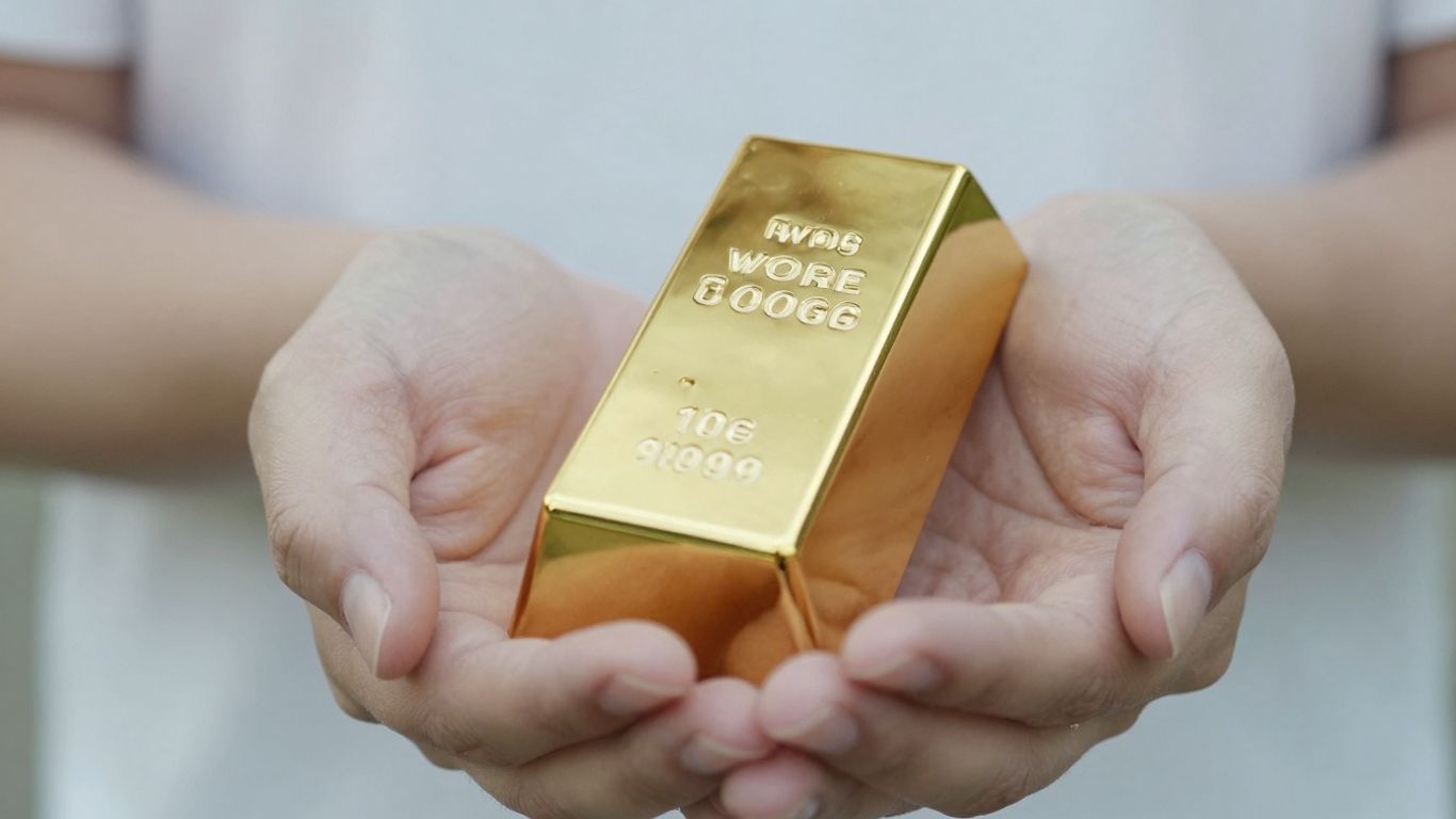 手上拿着一根闪闪发光的金条。