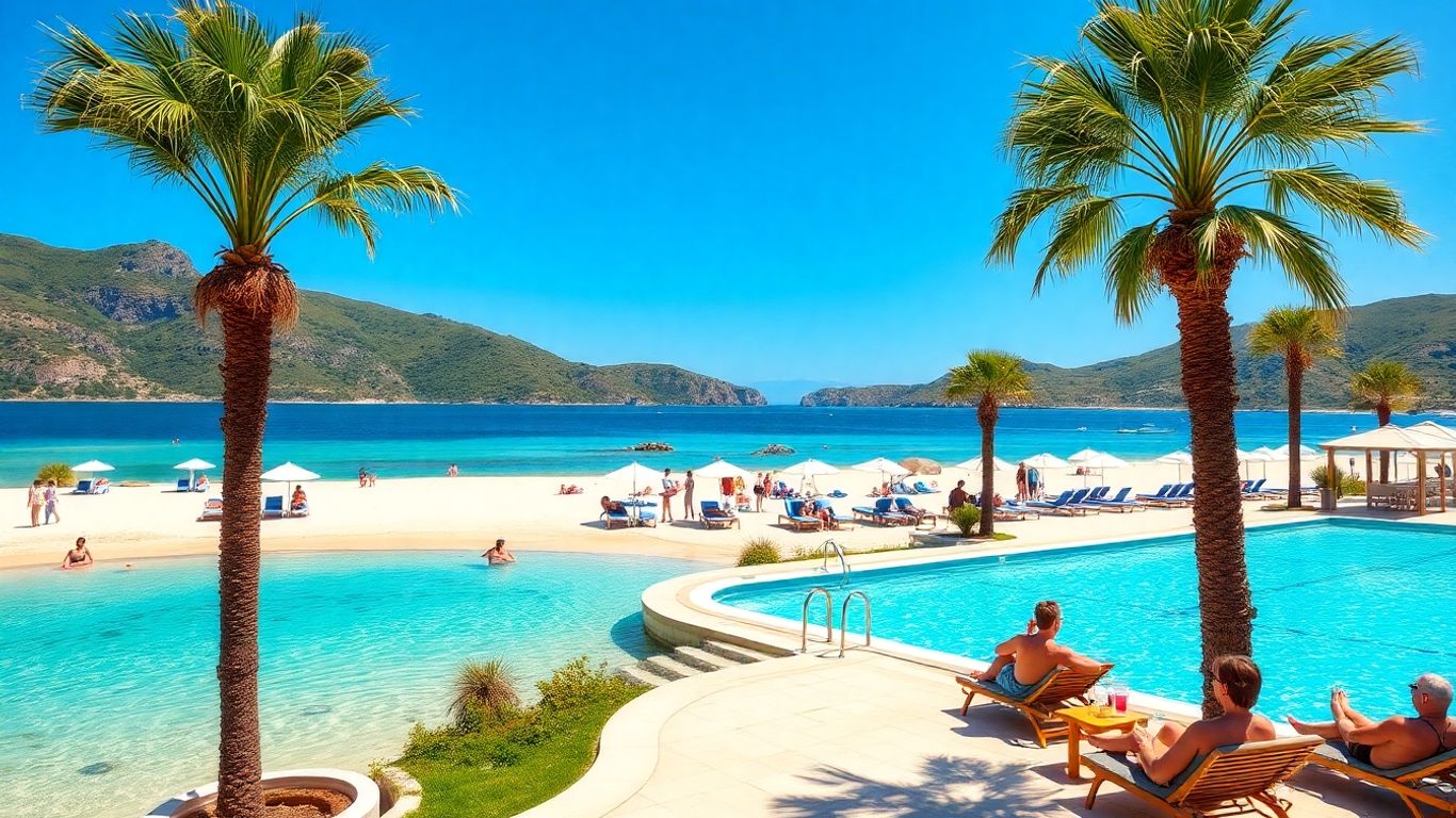 Affordable European all-inclusive resort with pool and beach.