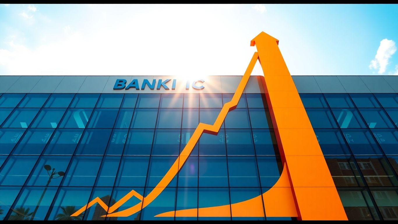 Edificio bancario moderno en Venezuela con gráfico financiero.