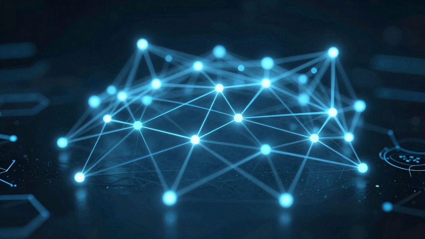 Digital fortress with interconnected nodes and glowing lines.