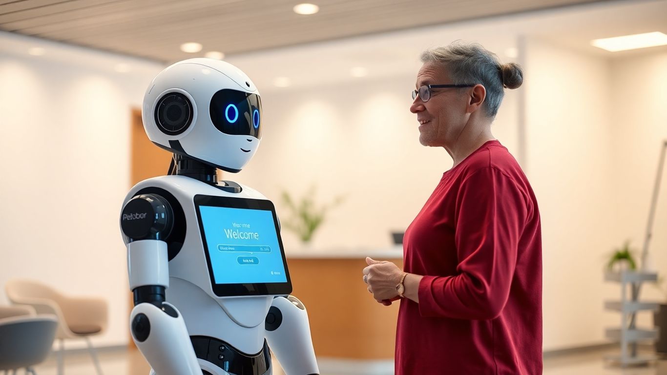 AI receptionist assisting a patient in a clinic.
