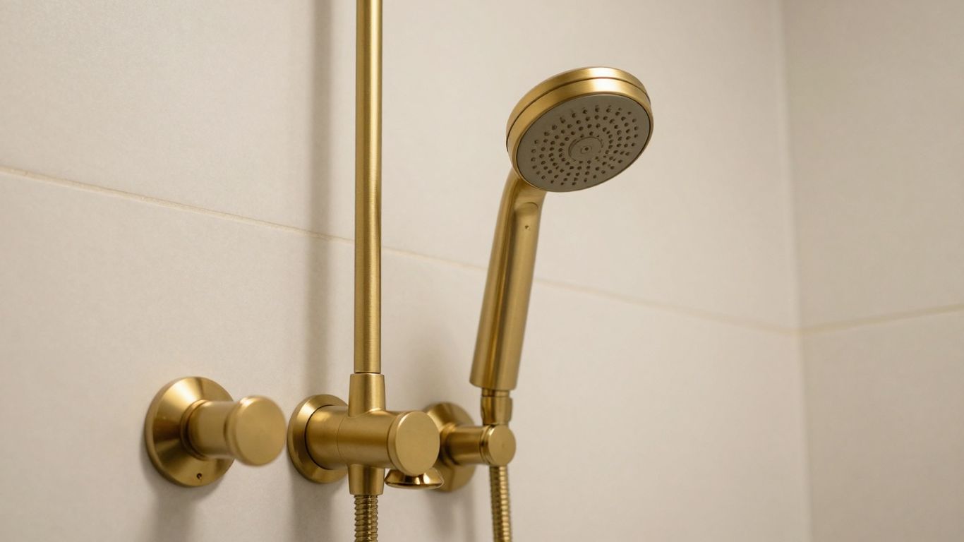 Brushed gold shower set in a modern bathroom.