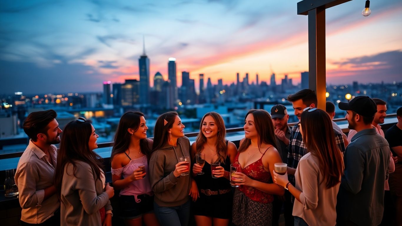 Young adults connecting at sunset rooftop bar scene