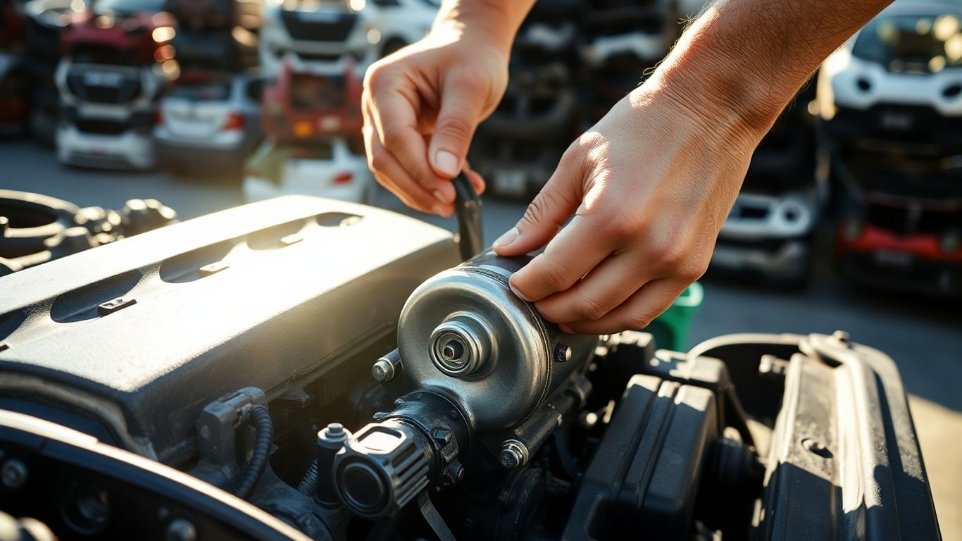 Mechanic working on a car engine part for recycling.