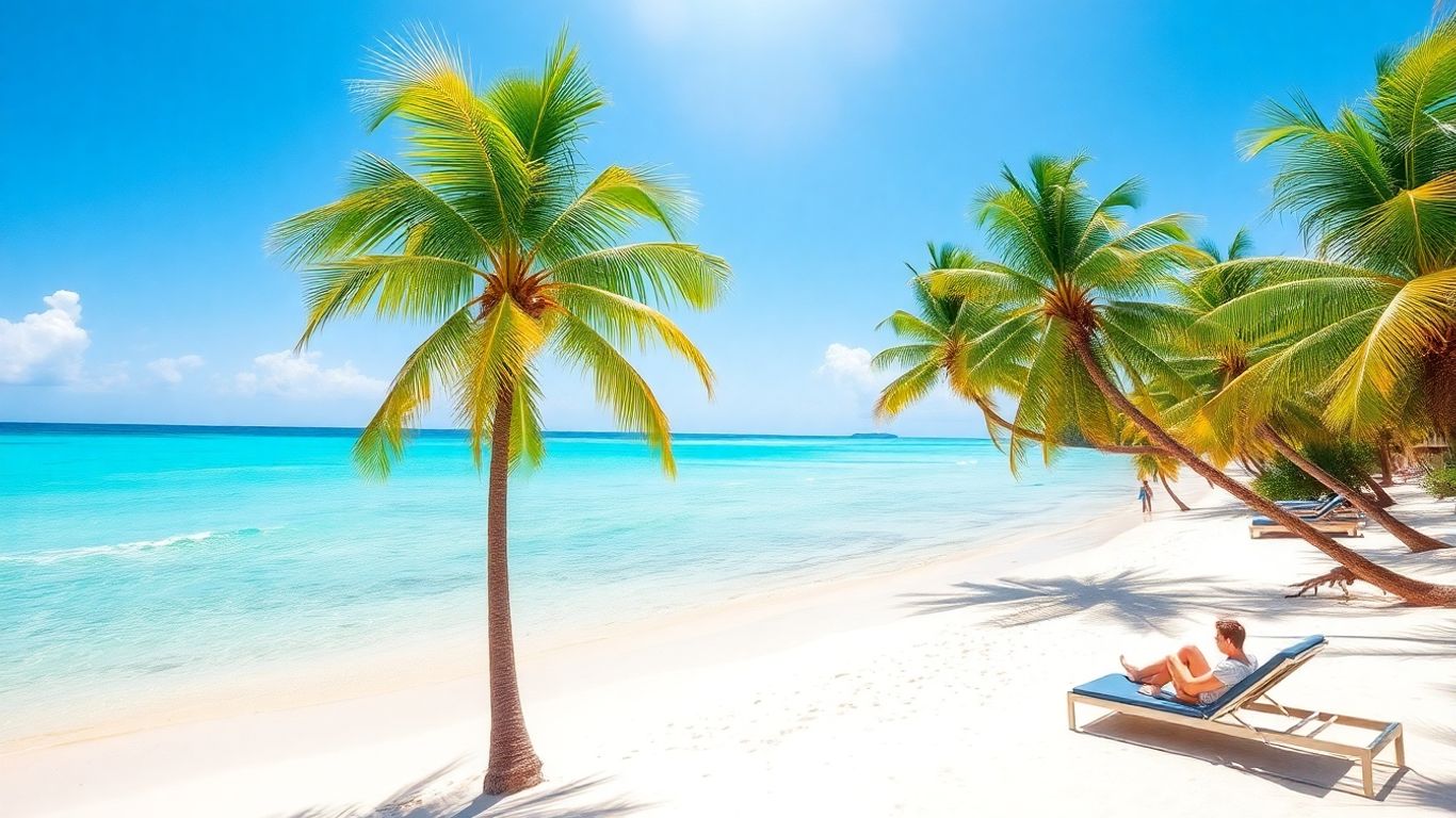 Tropical beach with palm trees and lounge chairs.