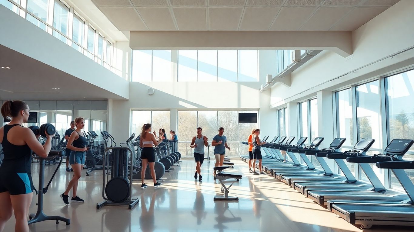 Modern gym interior with people exercising.