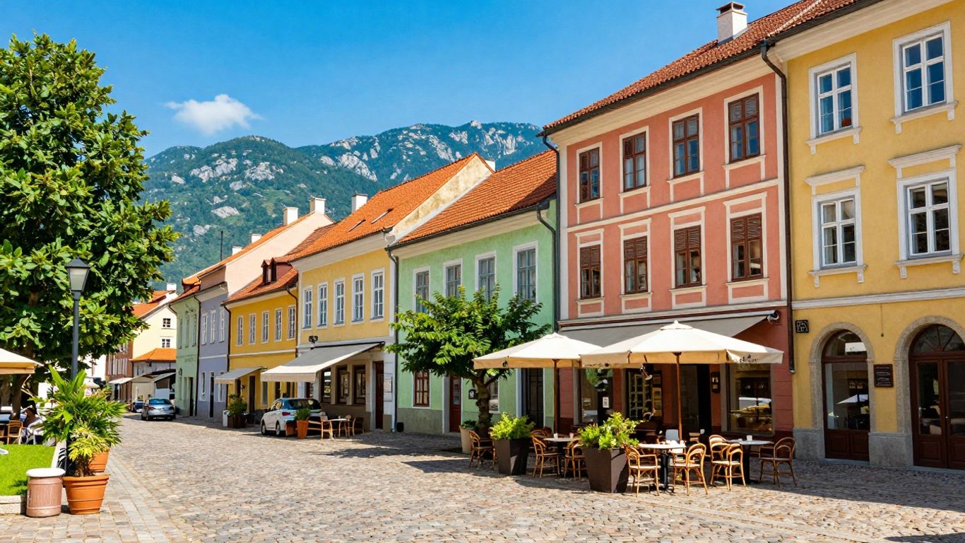 Affordable European cityscape with cobblestone streets and cafes.