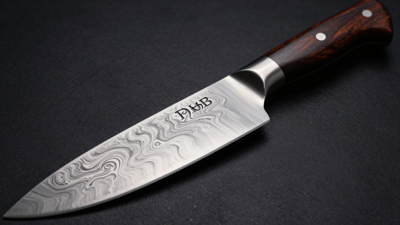 Close-up of a premium Damascus steel kitchen knife.