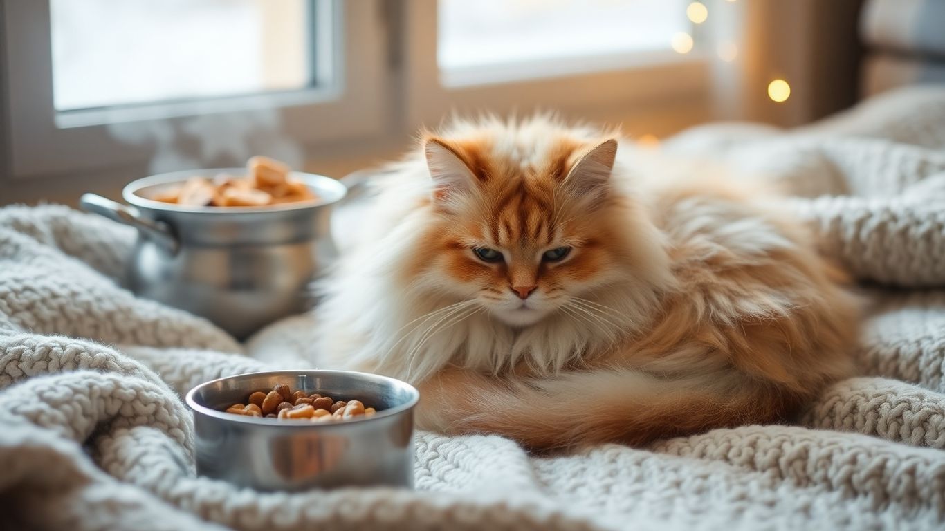 Cozy cat eating and drinking in winter.