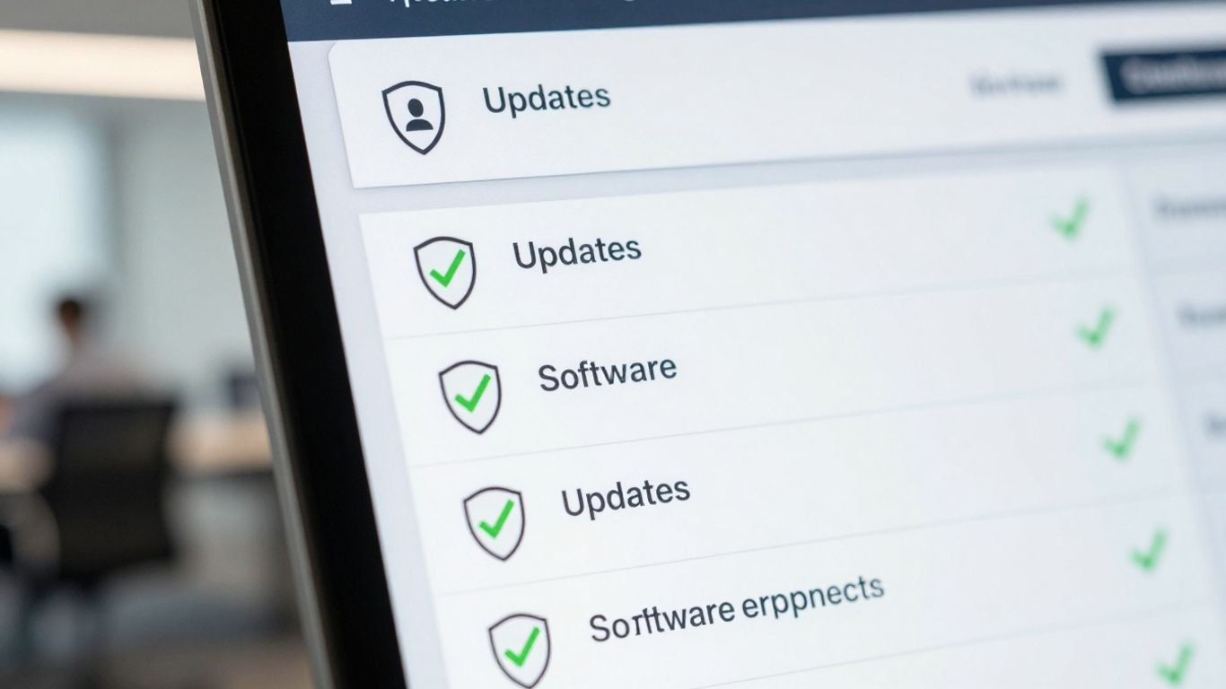 Digital interface showing software updates and security shields.
