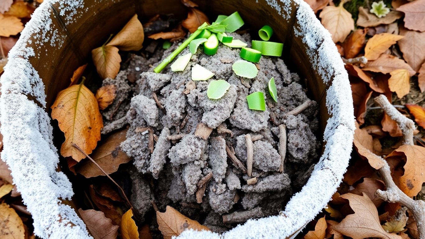 Kleiner Komposthaufen im Winter mit Frost und Gemüseresten.