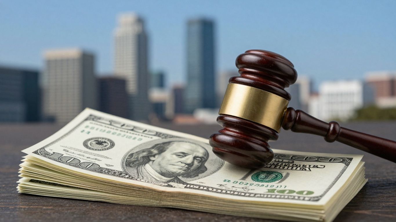 Financial news gavel and money with city background.