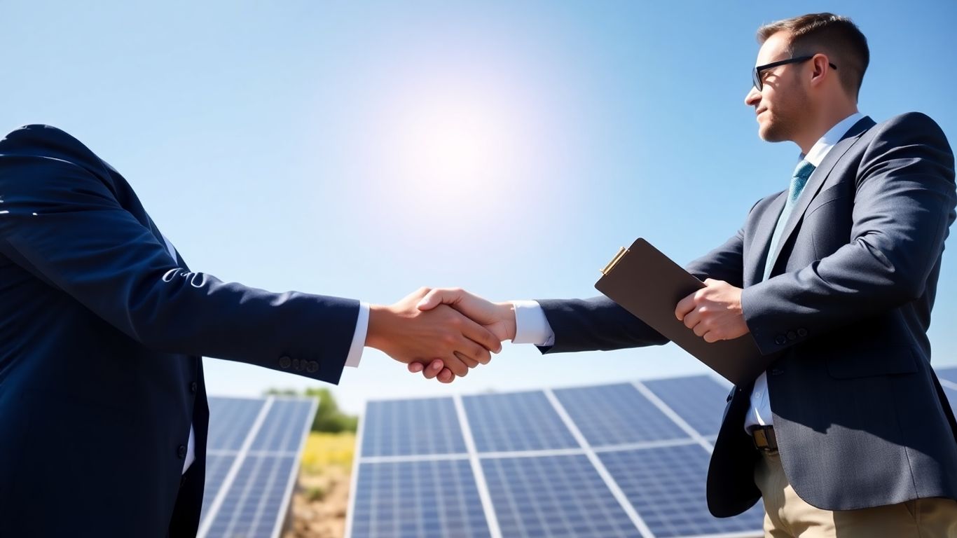 2人が太陽光パネル前で契約に合意している様子