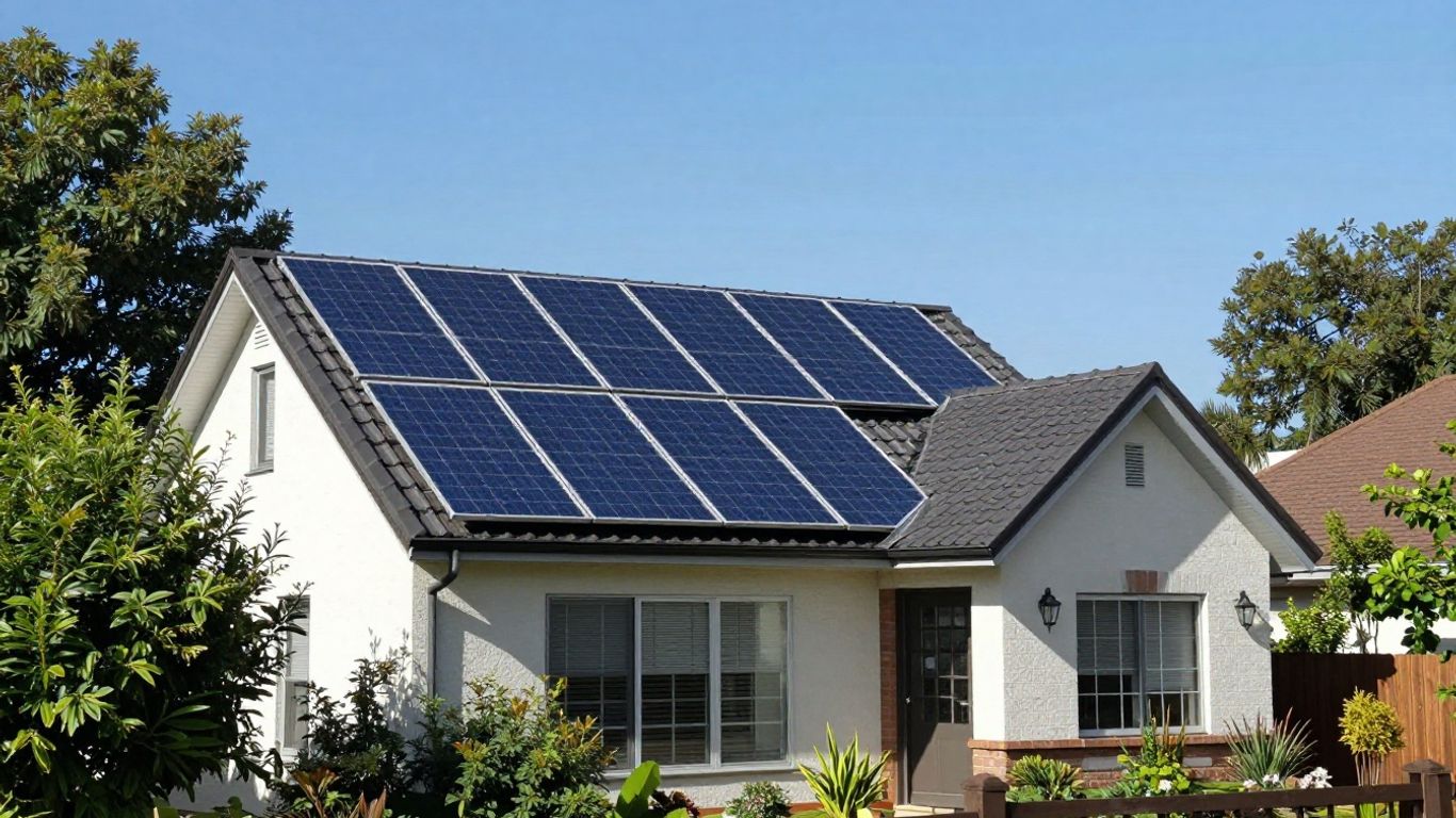 Maison avec panneaux solaires sous un ciel bleu.