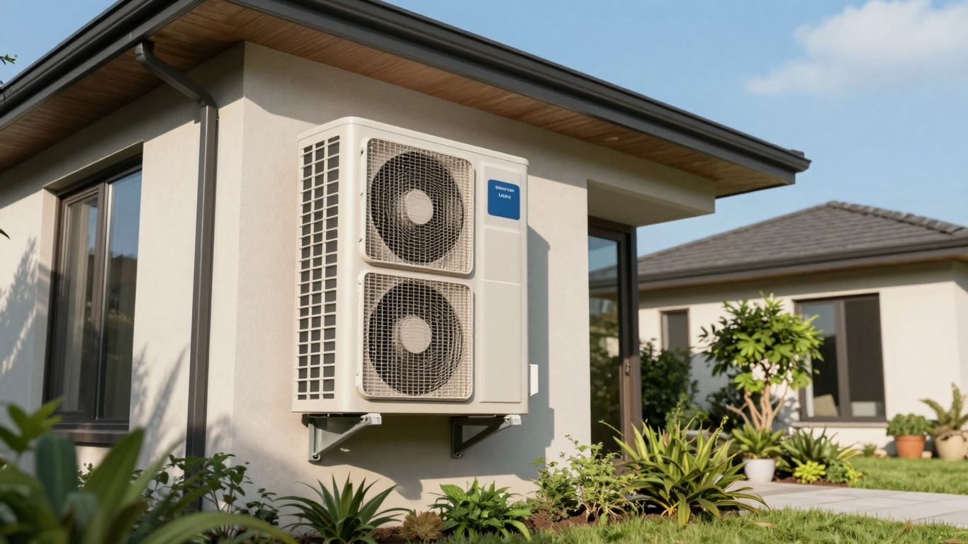 Modern home with heat pump unit and landscaping.