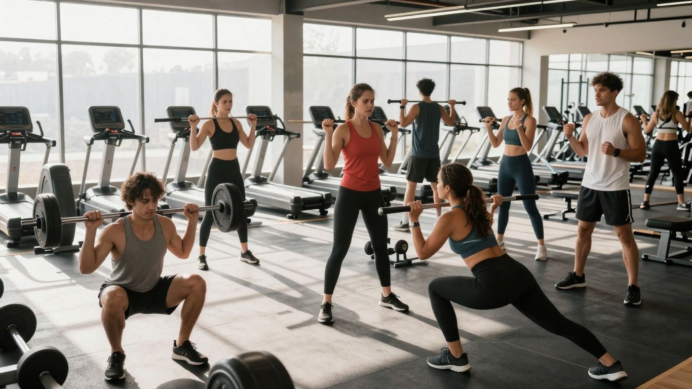 People exercising in a bright, modern gym.