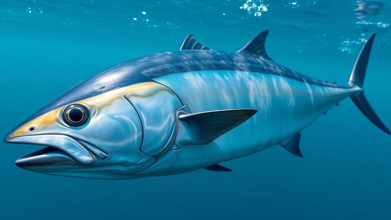 Atum nadando em águas azuis claras.