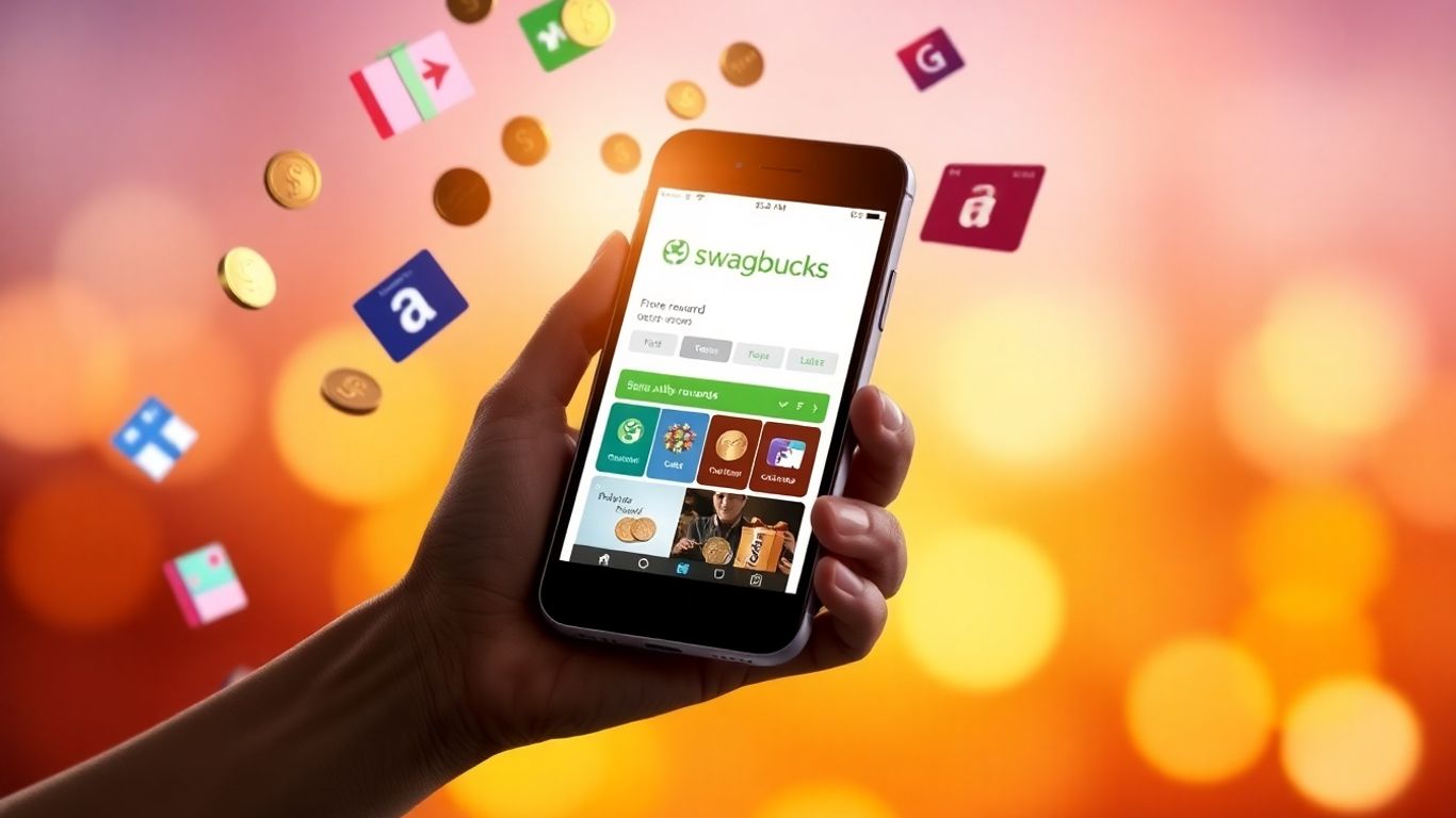 Swagbucks app on phone with rewards falling.