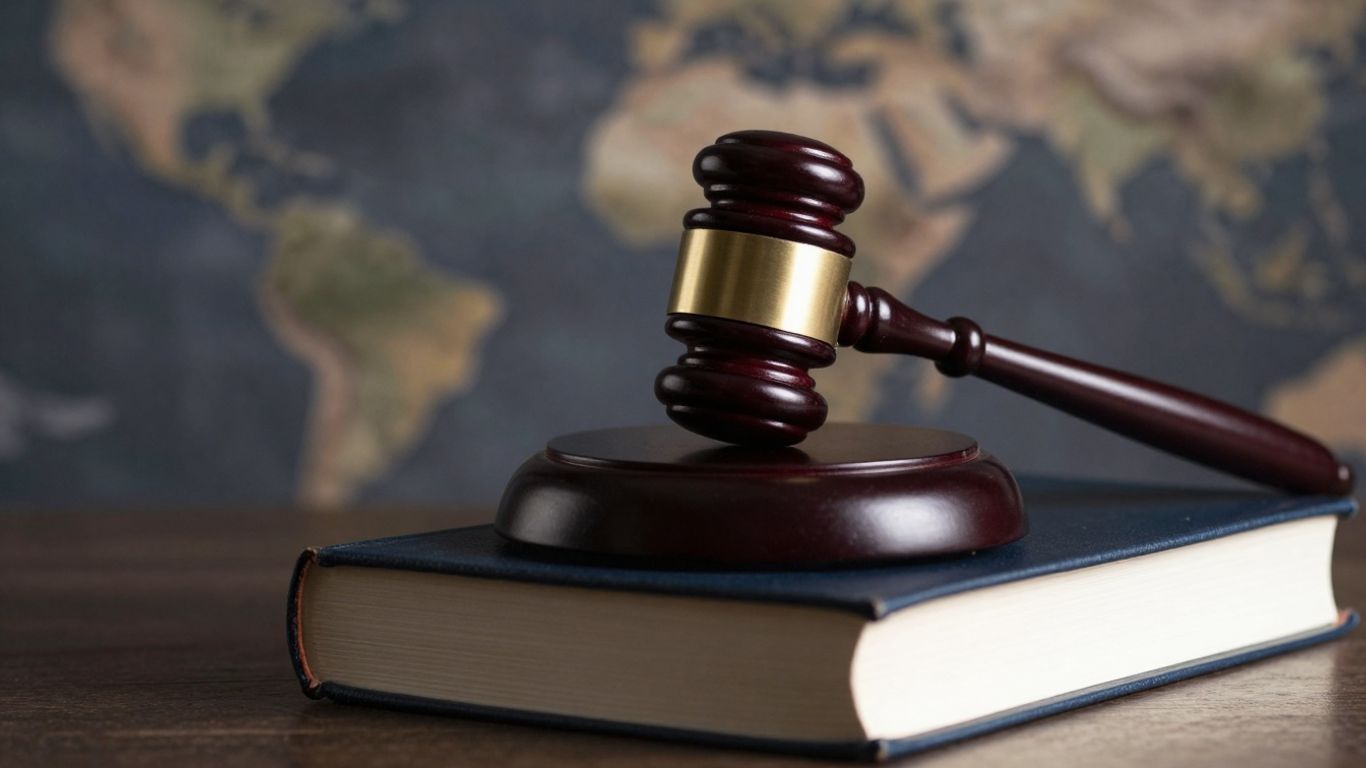 Gavel on books with cityscape background