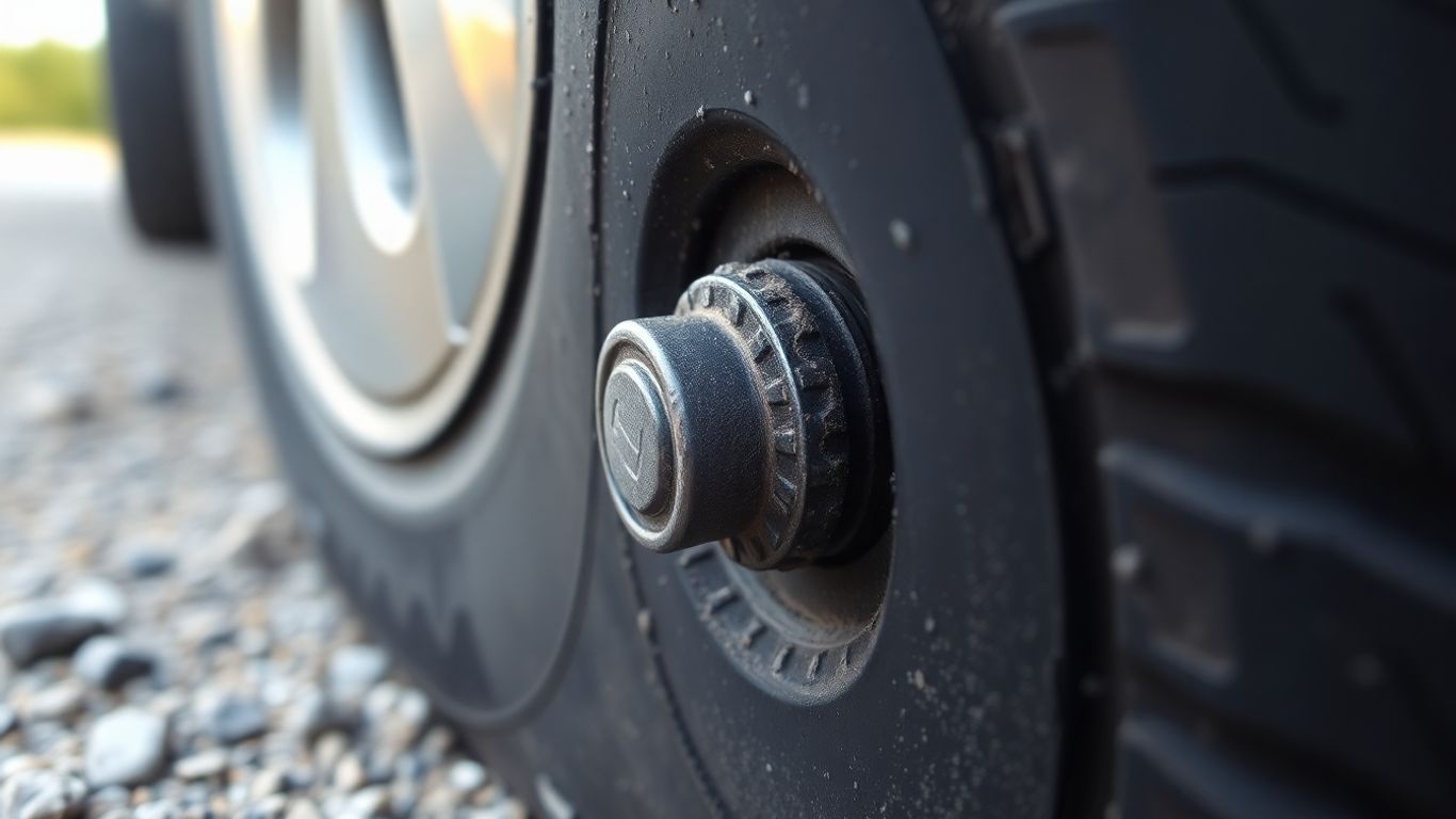 Close-up of car tire valve stem with cap attached.