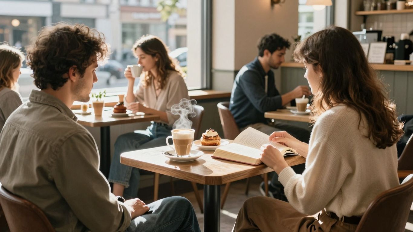 Cosy cafe interior with coffee and pastries.
