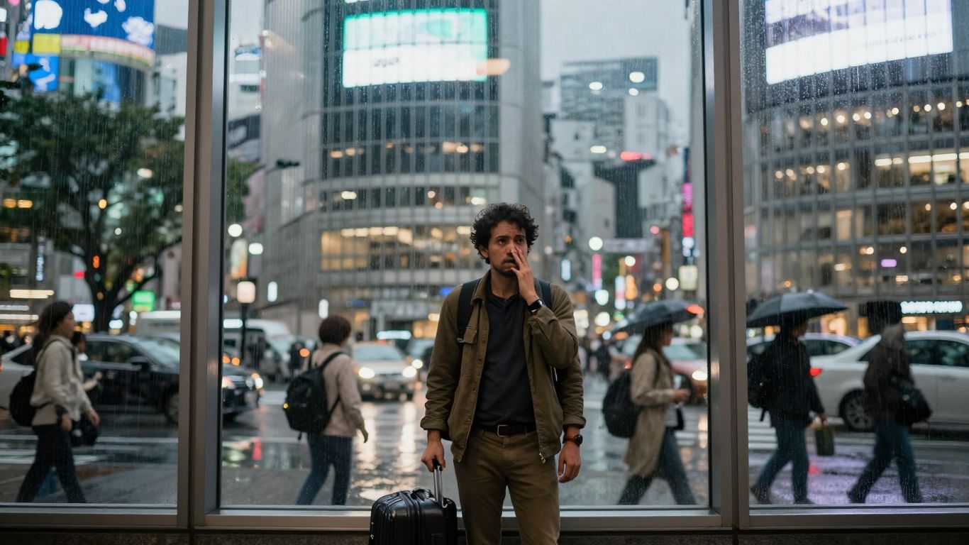 Expat looking overwhelmed on a busy Tokyo street.