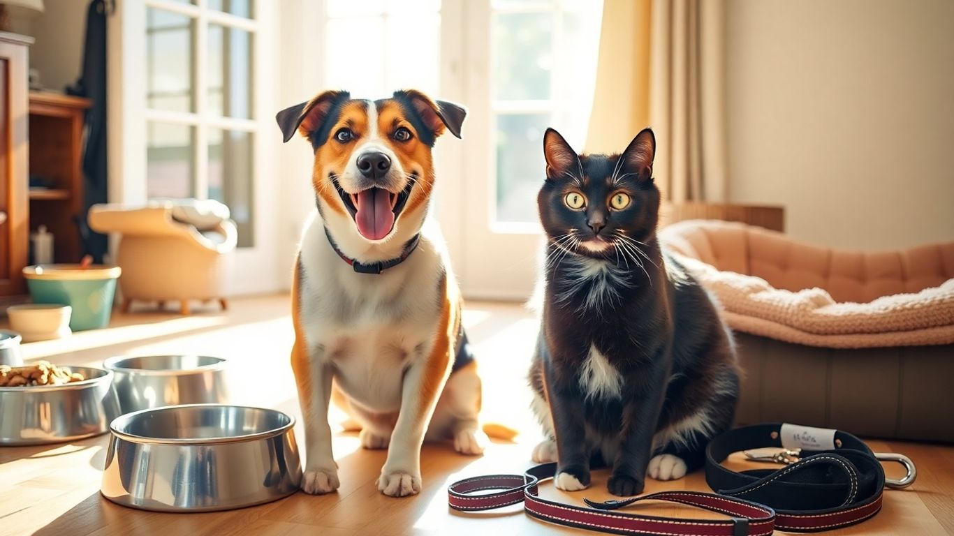 Dog and cat with pet supplies for outdoor adventures.