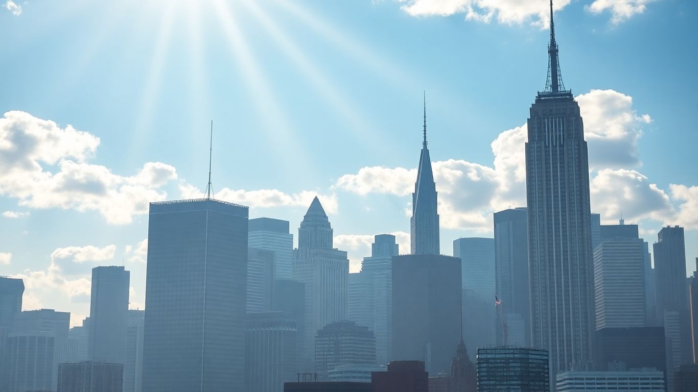 New York skyline with financial charts in clouds.