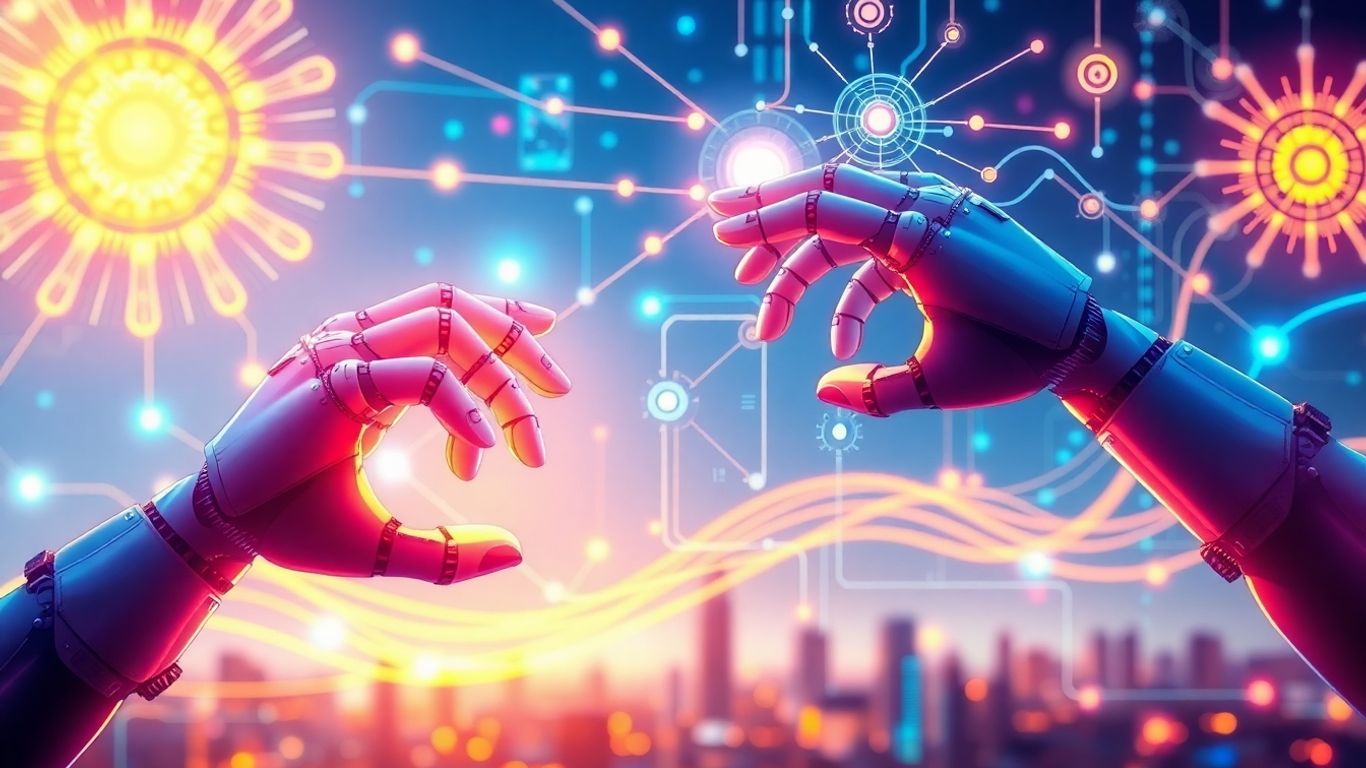 AI neural network infographic with robotic hands.