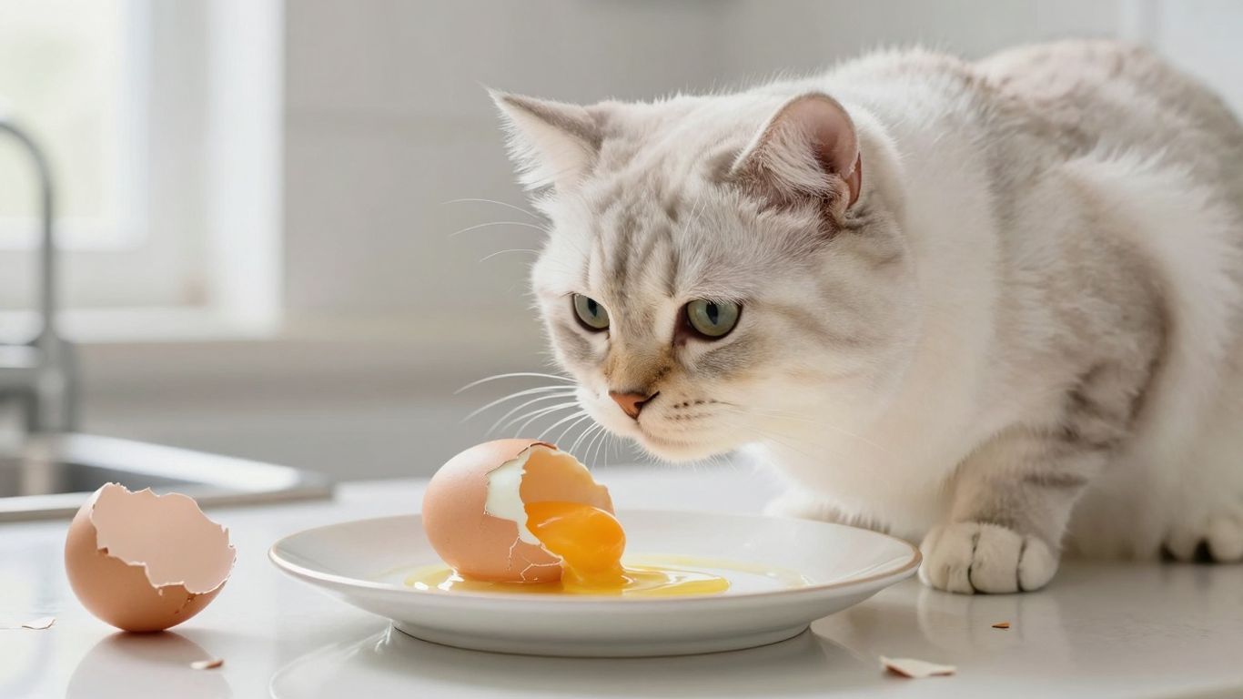 Cat looking at a cooked egg on a plate.