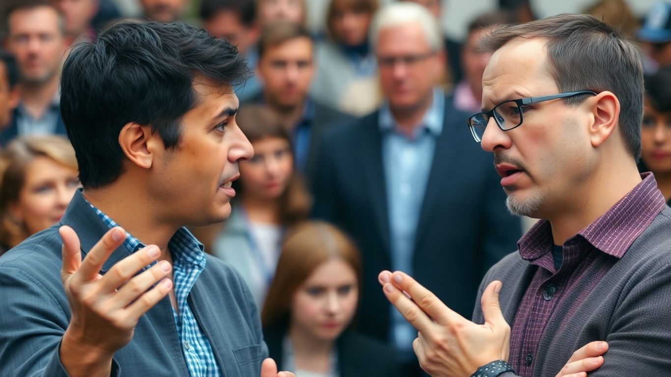 Două persoane discutând aprins într-un grup politic.