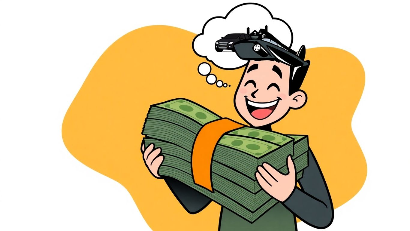 Cartoon character holding money with dreams of a house and car.