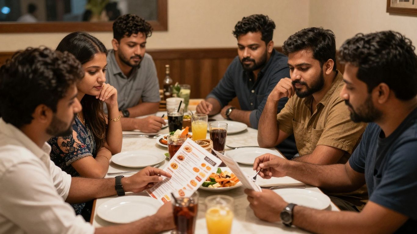 People discussing a restaurant menu at a table.