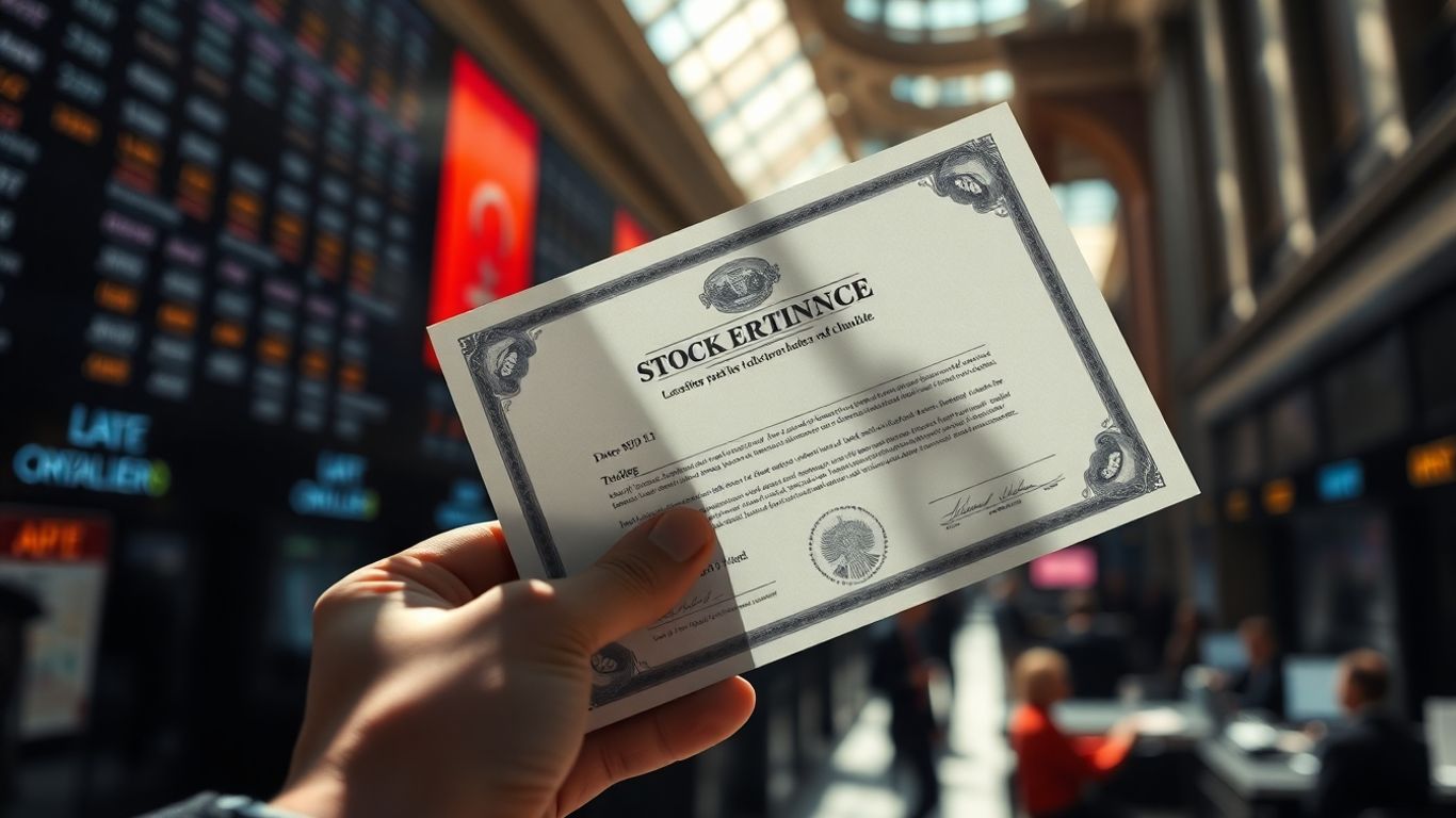 Stock certificate with blurred stock exchange background.