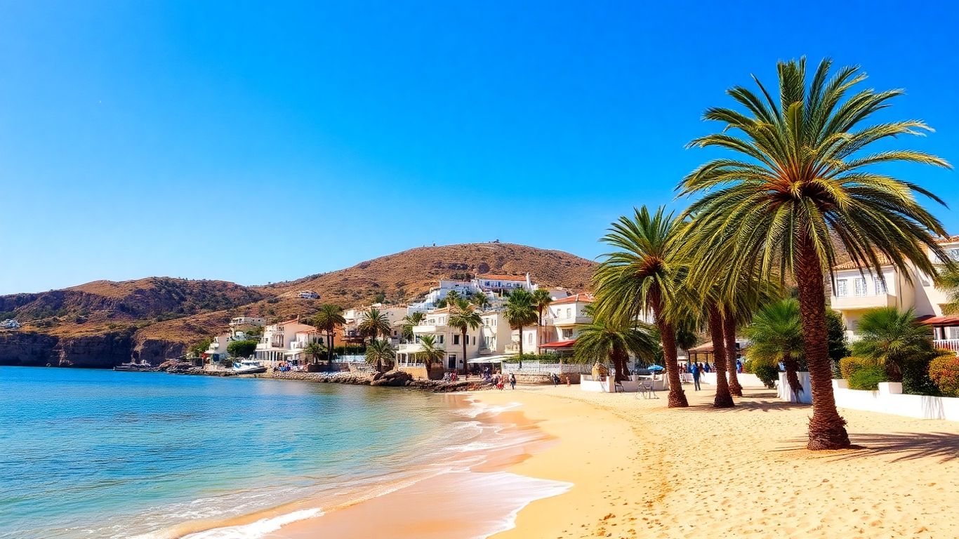 Sunny Spanish coast with palm trees and blue water.