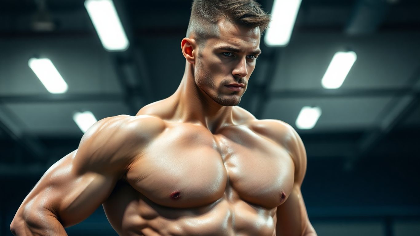 Muscular athlete in a gym setting.