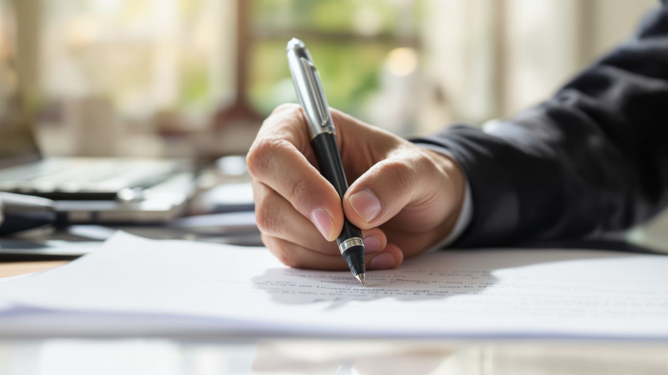 Hands holding a pen over a document.