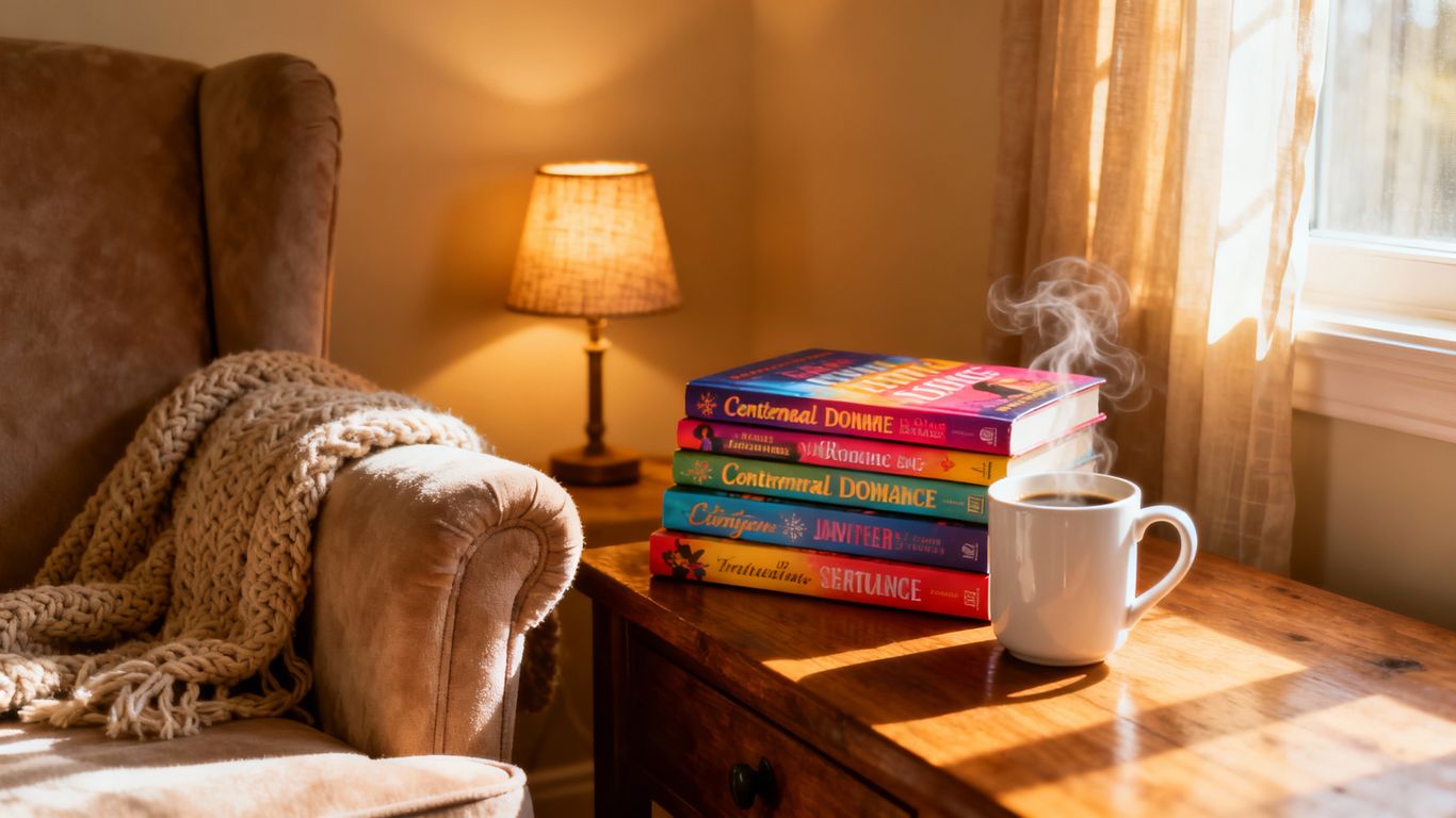 Cozy reading nook with romance novellas and coffee.