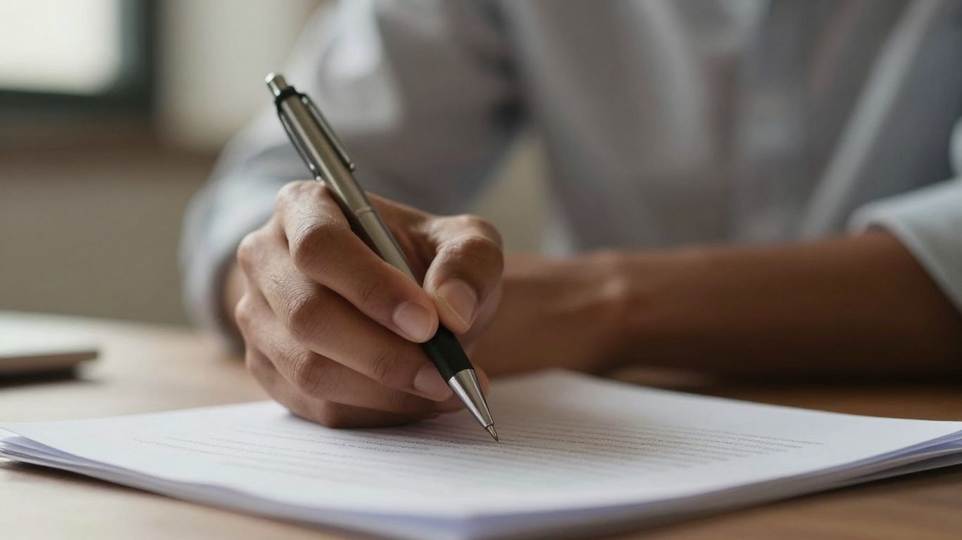 Hand holding pen over a living will document.