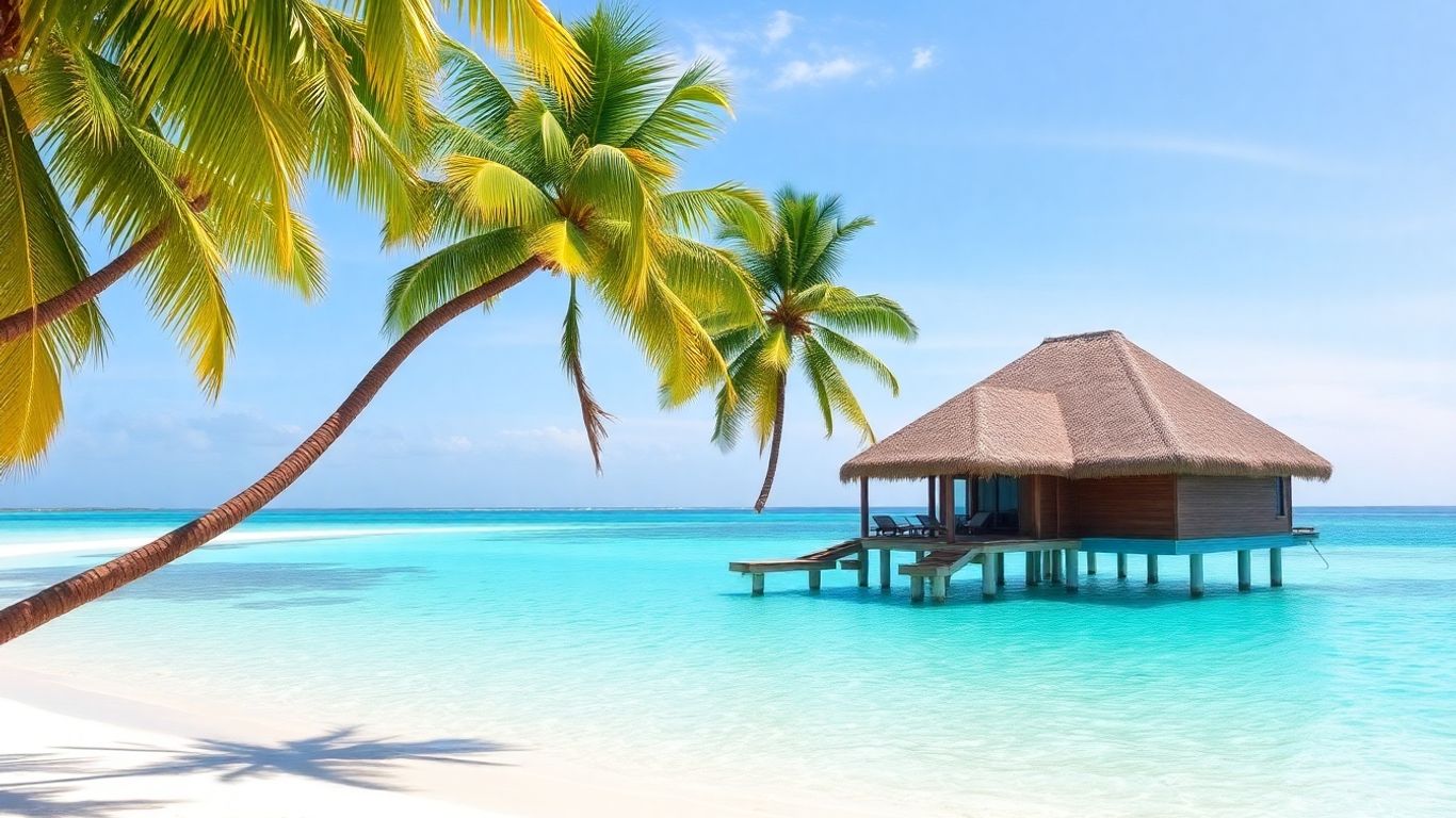 Maldives beach with turquoise water and overwater bungalow.