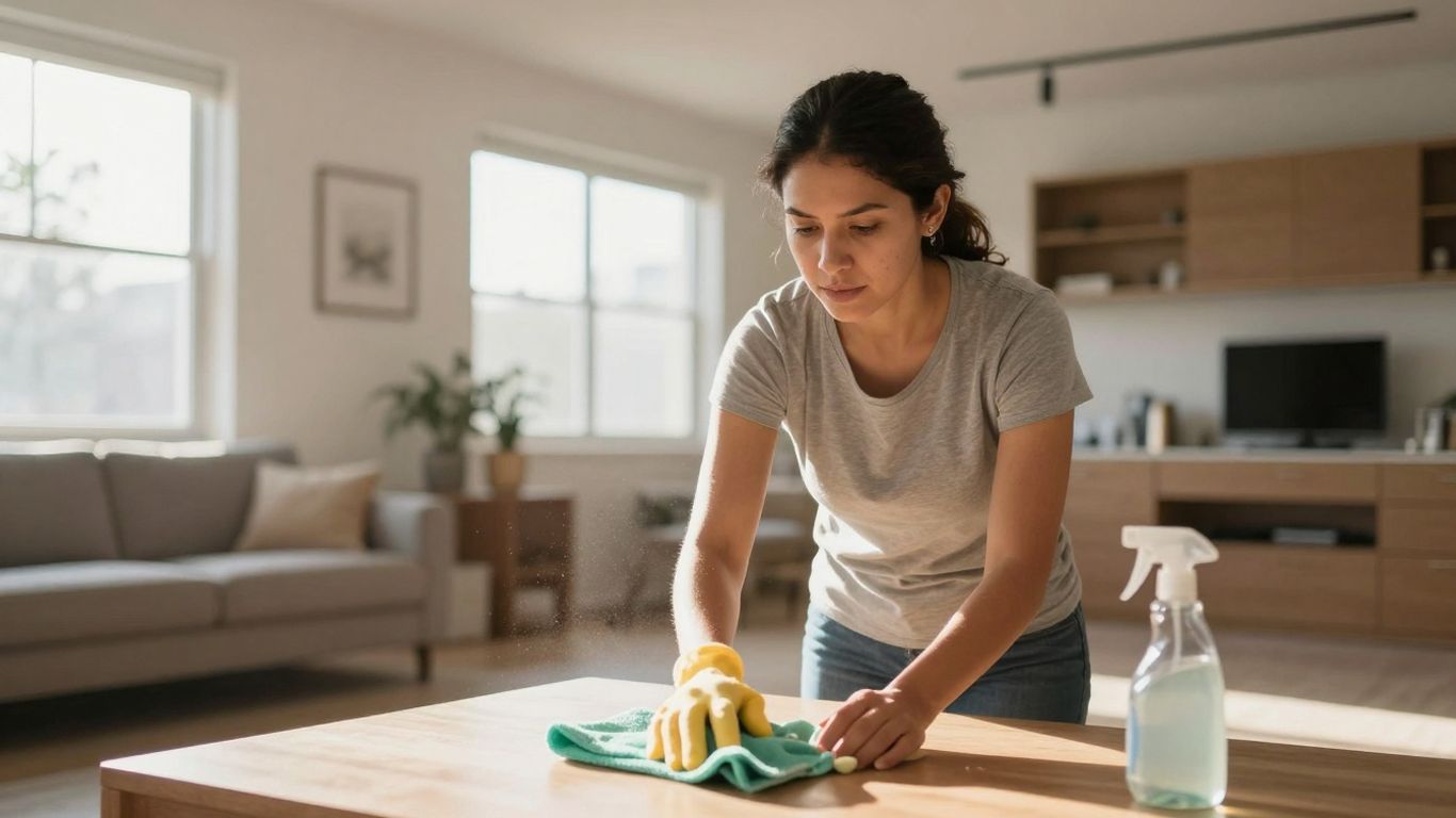 Mujer limpiando casa ocupada, trabajo para hispanos.