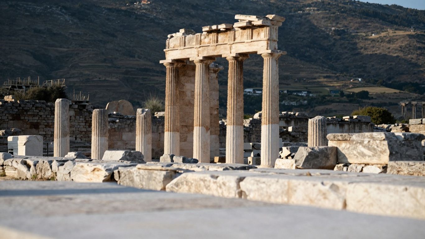 Starożytne ruiny greckie w słońcu, krajobraz podróży.