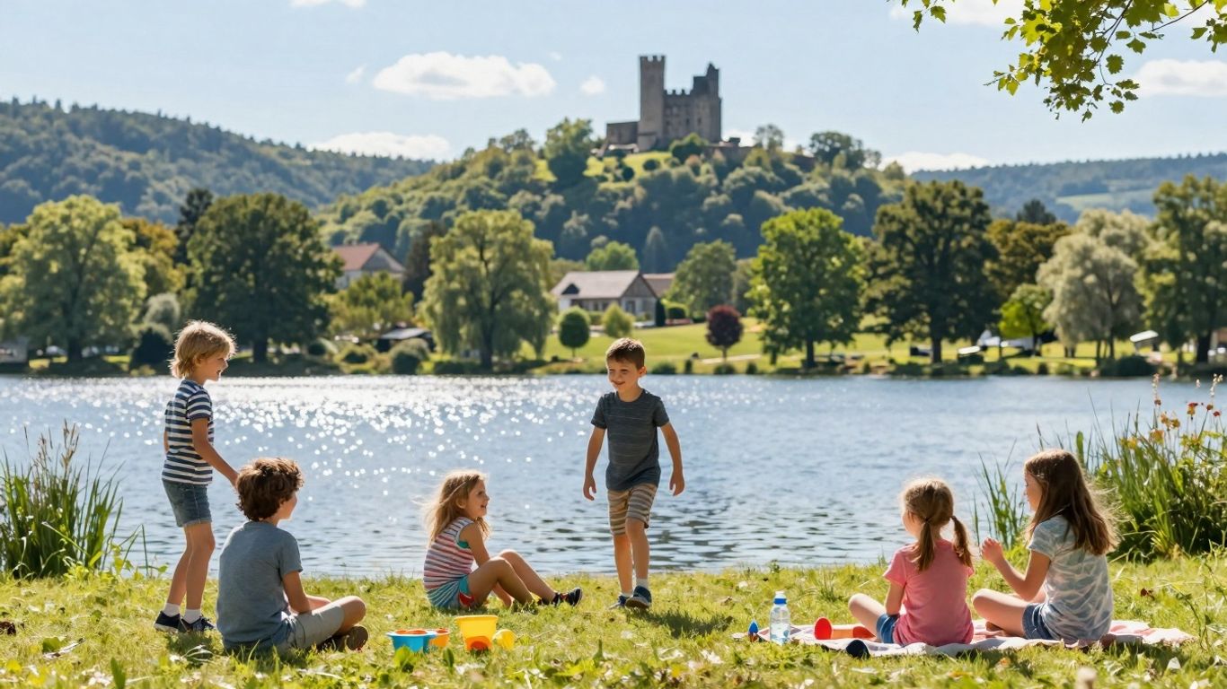 Familien genießen Sommerferien in Nordrhein-Westfalen am See.