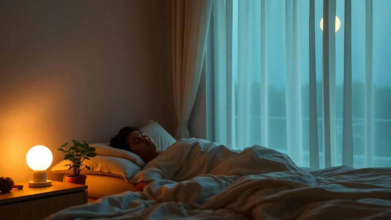 Person sleeping peacefully in a moonlit bedroom.