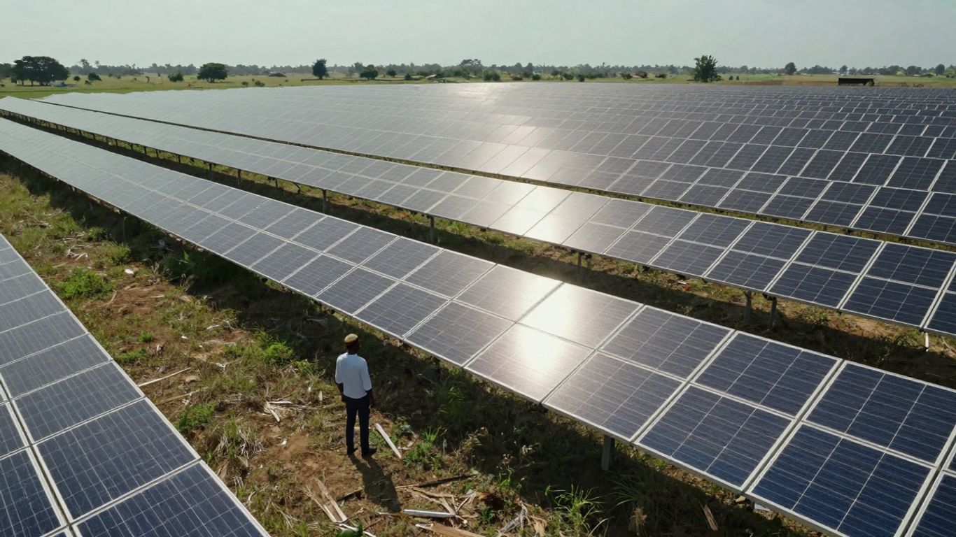 Champ de panneaux solaires photovoltaïques sous un ciel bleu.
