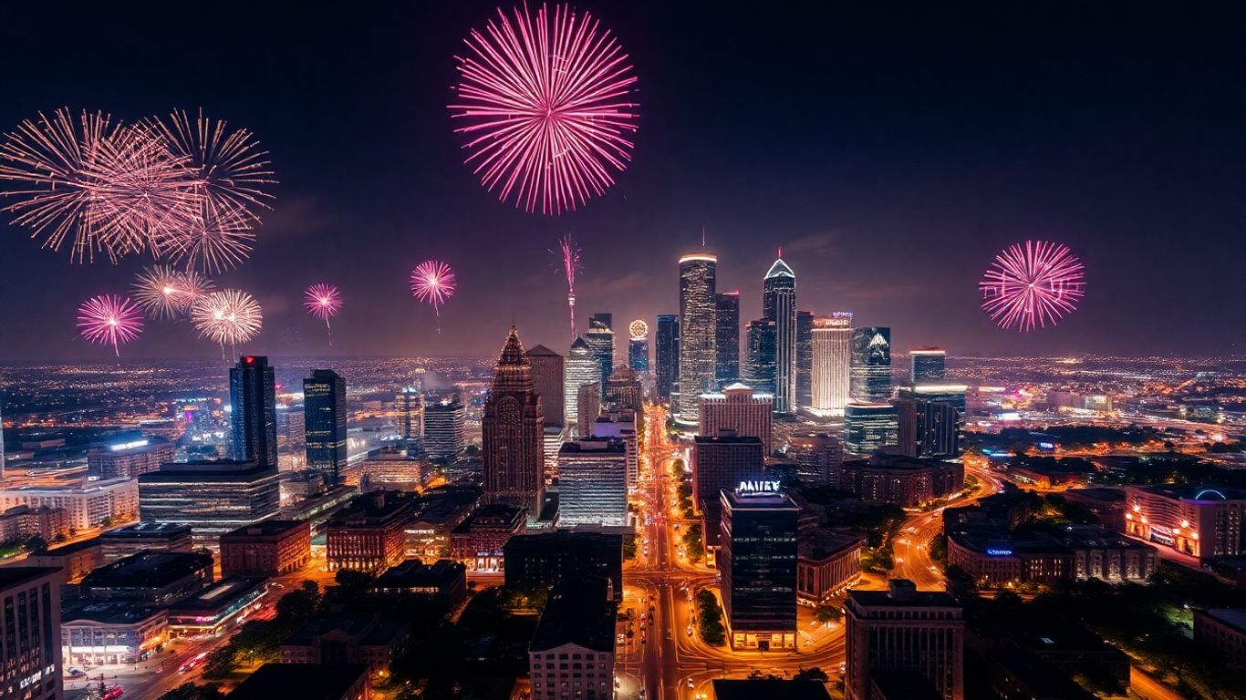 Dallas skyline with New Year's Eve fireworks