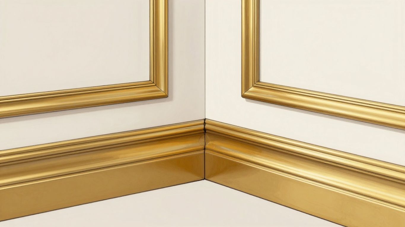 Sketch of gold baseboards in a modern room corner.