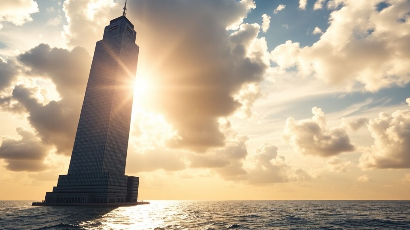 Skyscraper overlooking a vast ocean, symbolizing financial giants.