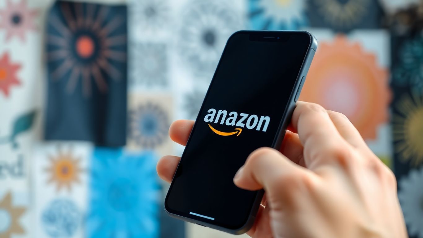 Hands holding phone with Amazon logo, creative designs in background.