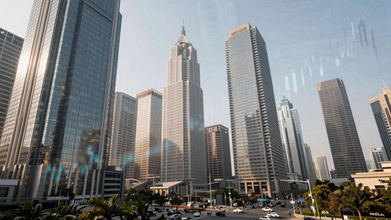 India's economic landscape with skyscrapers and financial patterns.
